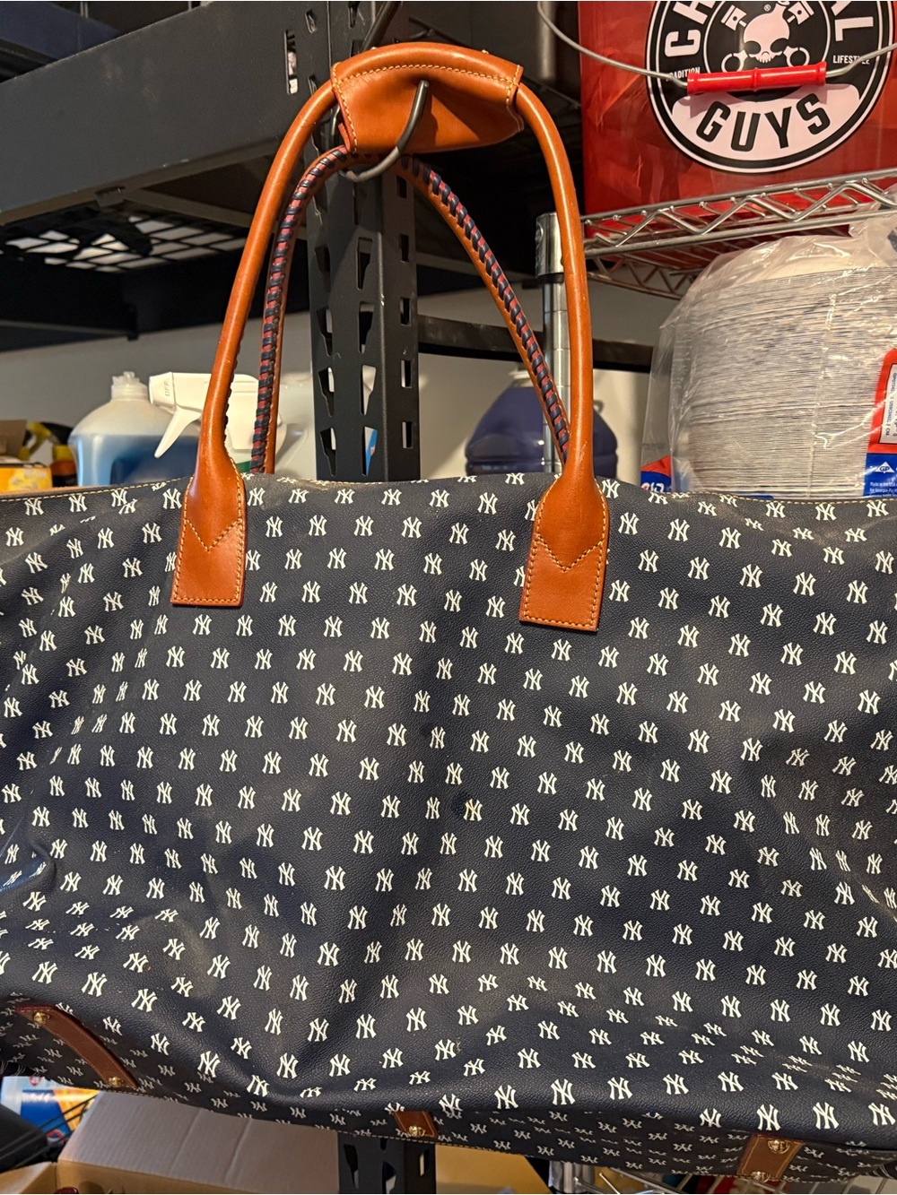 Dooney & Bourke Navy Monogram Travel Tote with Brown Leather Trim vinyl